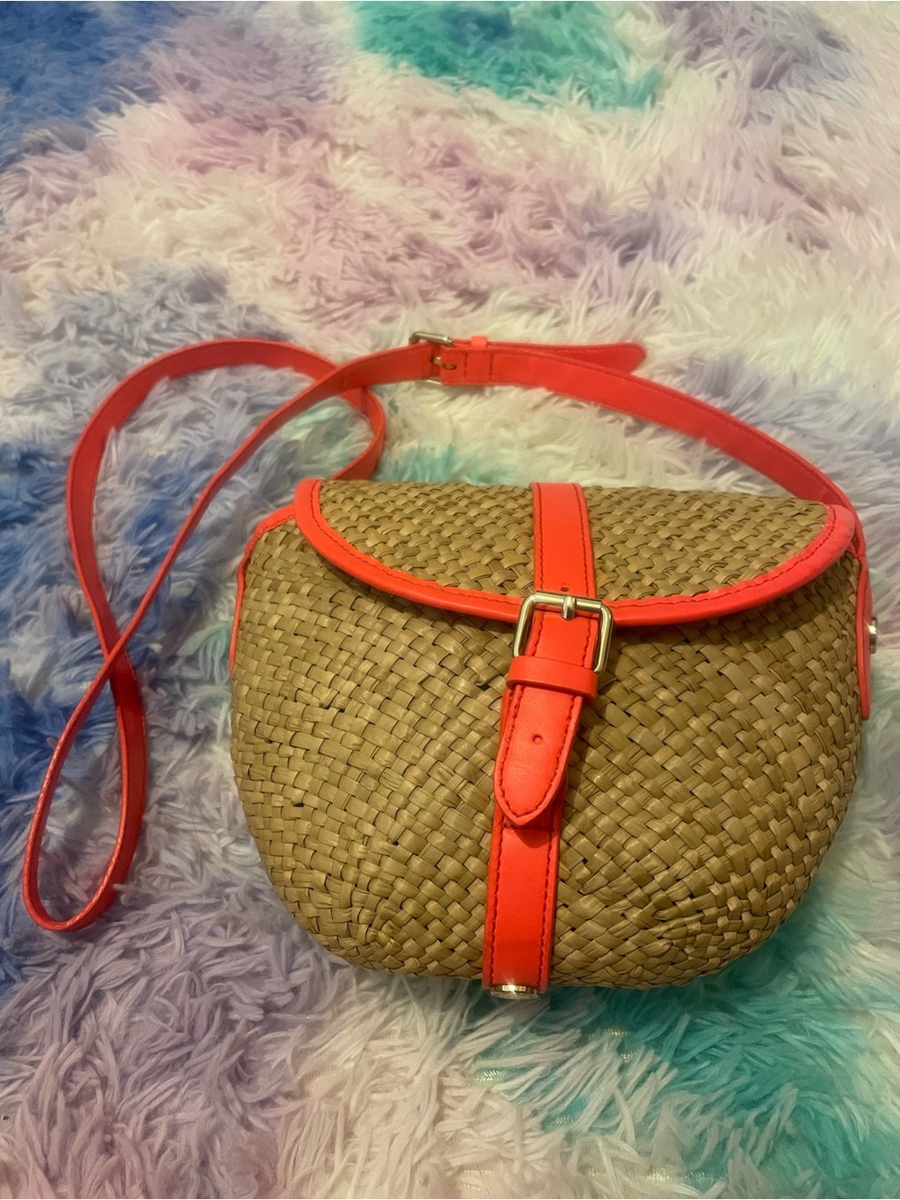 135 - Marc by Marc Jacobs Preppy Straw Crossbody Bag with Coral Trim